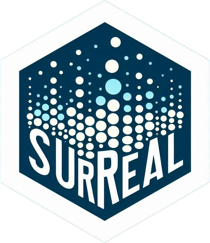 A hexagonal logo of the surreal R package that shows a series of points with varying sizes